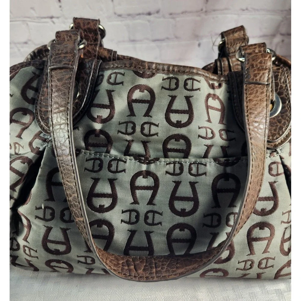 Etienne Aigner Handbag Shoulder Purse Blue gray  Color with Brown Croc Trim
